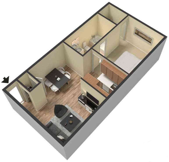 Floor plan for 1 bed, 1 bath, 663 sqft
